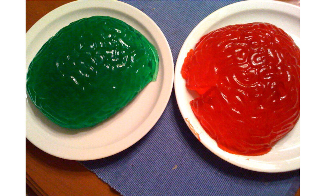Jello shaped as a brain, two sides, left and right, green and red.