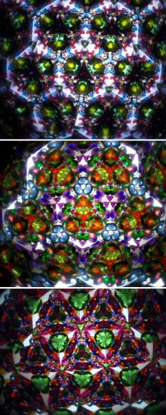 Kaleidoscope images. Multi-colored shapes reflected in the mirrors of the kaleidoscope.