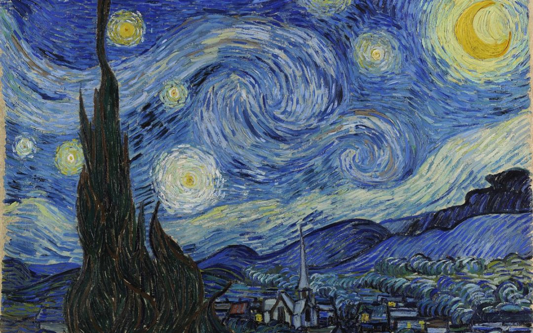 Post Impressionist Painting "The Starry NIght" by Vincent Van Gogh. Stars and Milky Way Galaxy over a Town